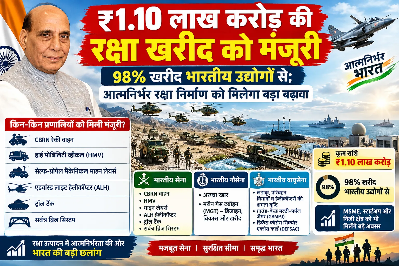 ₹1.10 लाख करोड़ की रक्षा खरीद को मंजूरी, 98% खरीद भारतीय उद्योगों से; आत्मनिर्भर रक्षा निर्माण को मिलेगा बड़ा बढ़ावा