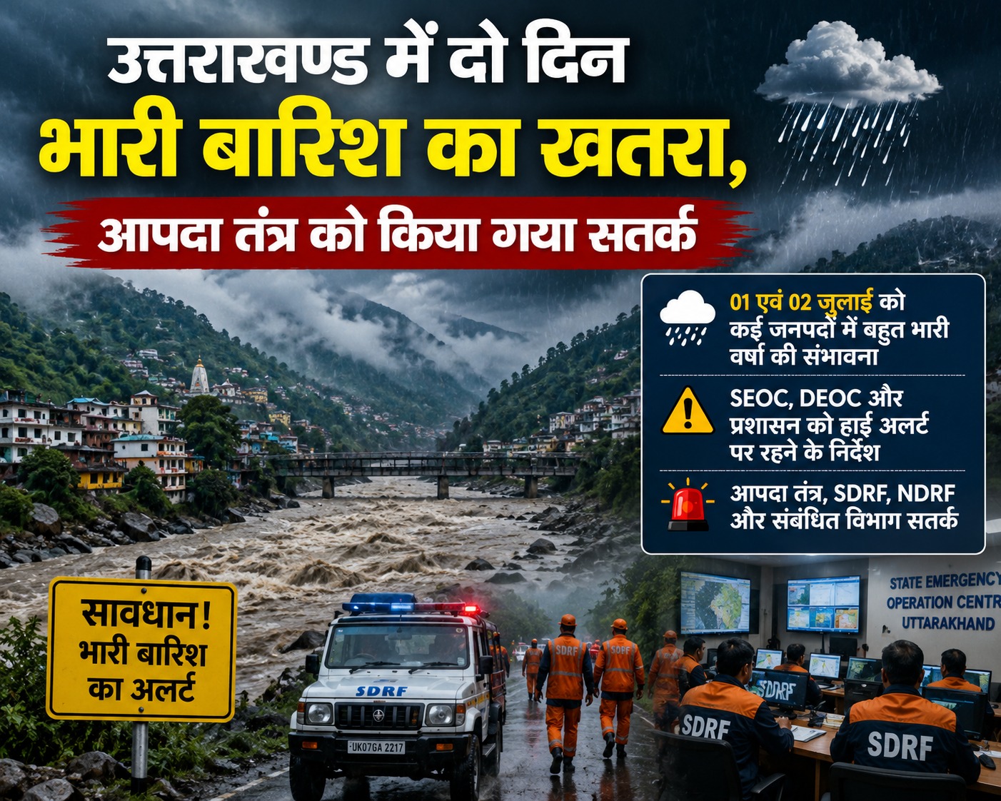 उत्तराखण्ड में दो दिन भारी बारिश का खतरा, आपदा तंत्र को किया गया सतर्क