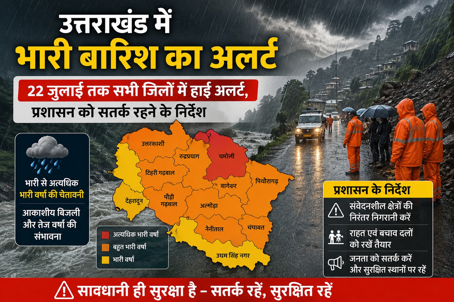 उत्तराखंड में भारी बारिश का अलर्ट: 22 जुलाई तक सभी जिलों में हाई अलर्ट, प्रशासन को सतर्क रहने के निर्देश