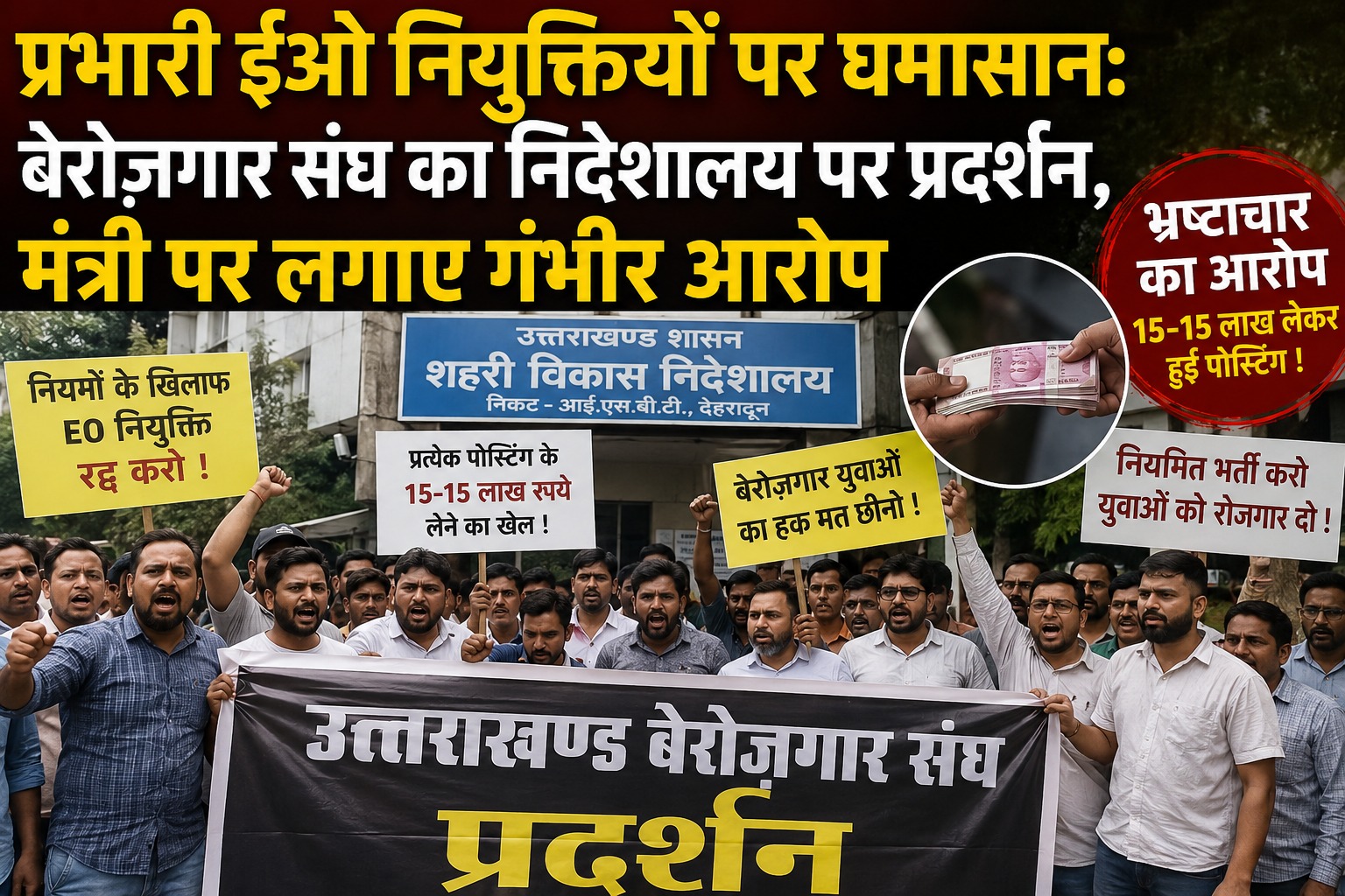 प्रभारी ईओ नियुक्तियों पर घमासान: बेरोज़गार संघ का निदेशालय पर प्रदर्शन, मंत्री पर लगाए गंभीर आरोप